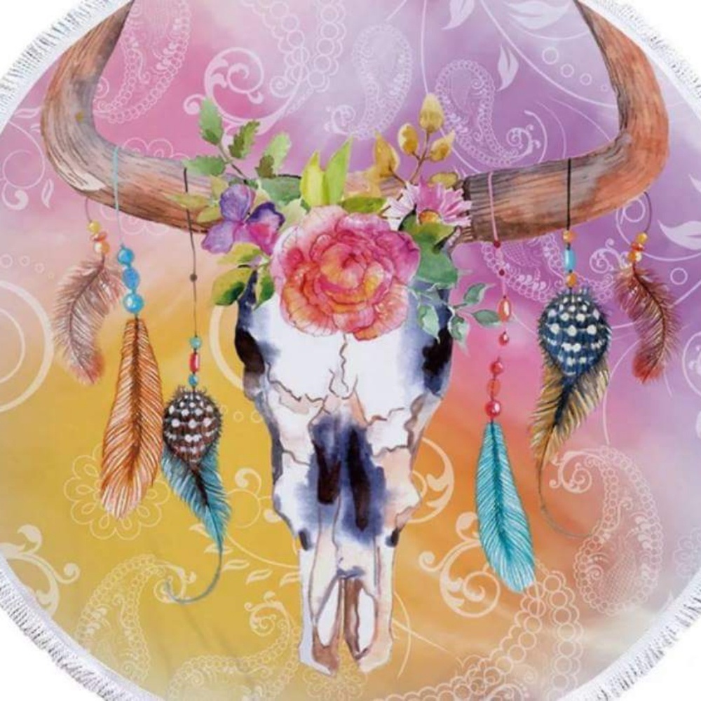 60" Round Beach Towel 🌴 Bull Skull Dreamcatcher